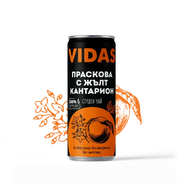 Студен чай VIDAS Праскова с жълт кантарион, 250 мл. кен